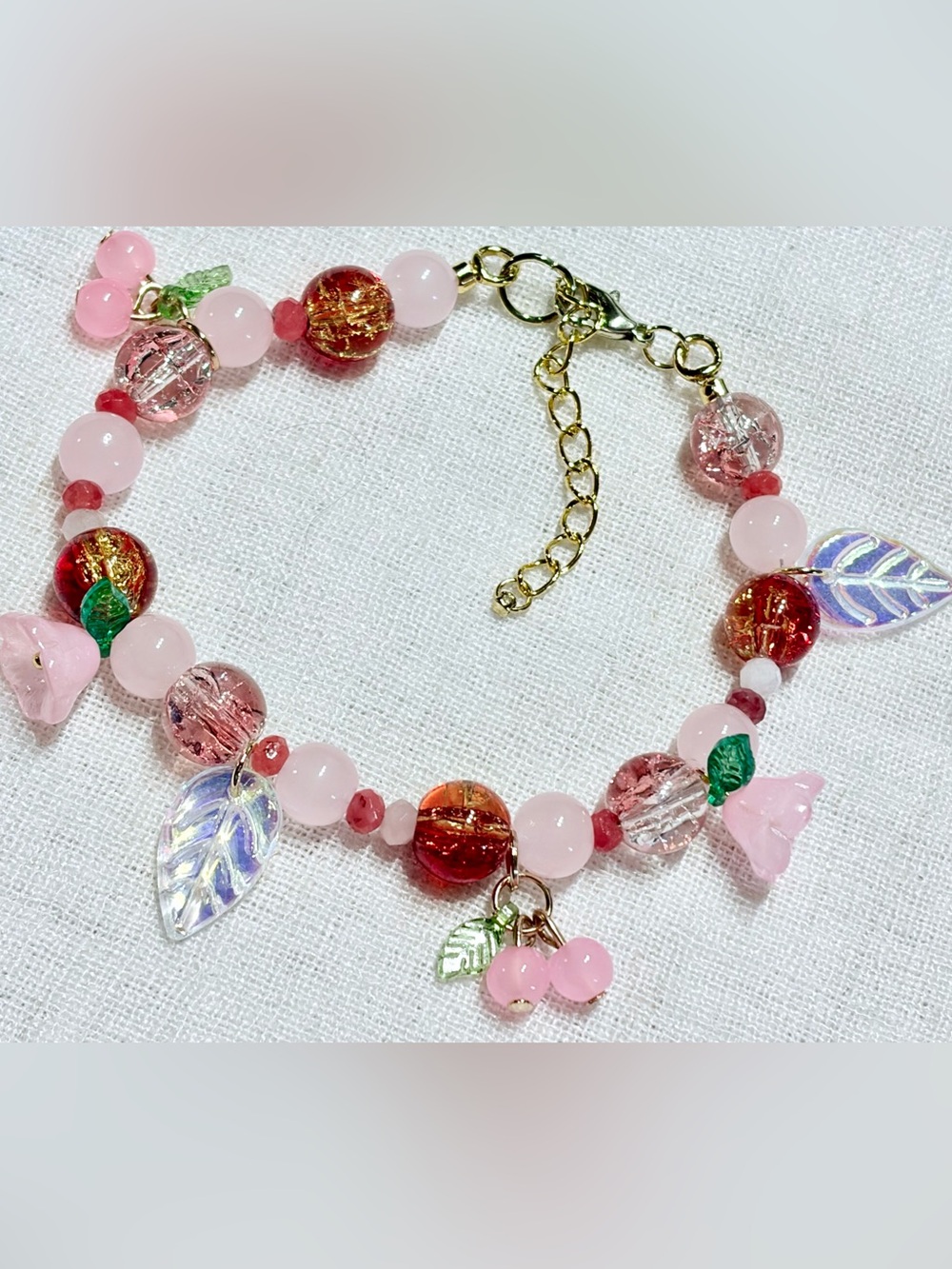 Colorful cottage-core Bracelet.Crystal glass beads,flowers,leafs,cherries.7”-9”